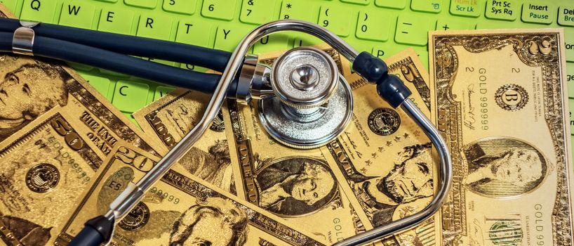 Sprague Rappaport Stethoscope US currency cash note bill design american dollars banknotes money gold fake background Finance business concept