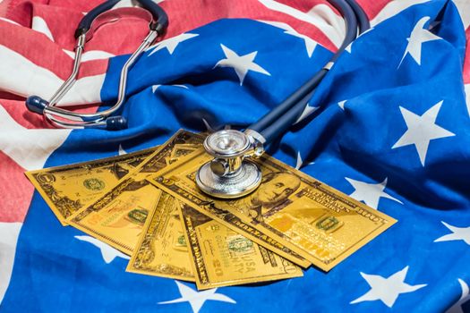 Quarantine usa city concept american national flag health care background of money dollars.