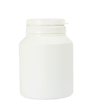 Medical plastic bottle cap blank isolated on white background. Box pills drugs tablets capsules vitamins antibiotic vaccine.