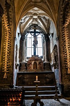 Interior crucifixion of Jesus Christ Sedlec ossuary Kostnice Church a place Kutna Hora, Czech Republic.