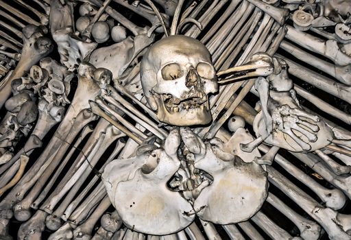 Front side view of Human bones skulls texture background