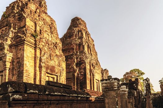 Angkorian sites in Cambodia. Banteay Srei or Banteay Srey temple dedicated to the Hindu god Shiva. Khmer art decorative wall carvings Citadel of Women.