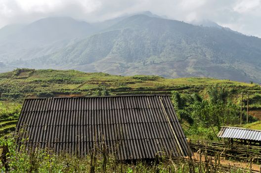 Home Panorama rice fields terraced rural traditional village huts Vietnam landscapes Sapa Southeast Asia.