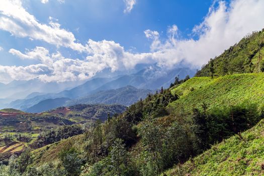 Green mountain range sky scene white clouds panorama.