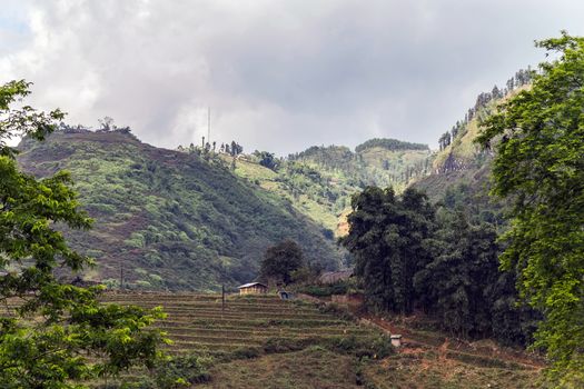Mountains Vietnam village house Natural landscape with green grass and blue sky