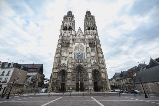 Tours, France - February 8, 2020: architectural detail of the Roman Catholic cathedral Saint Gatien in the historic city center on a winter day