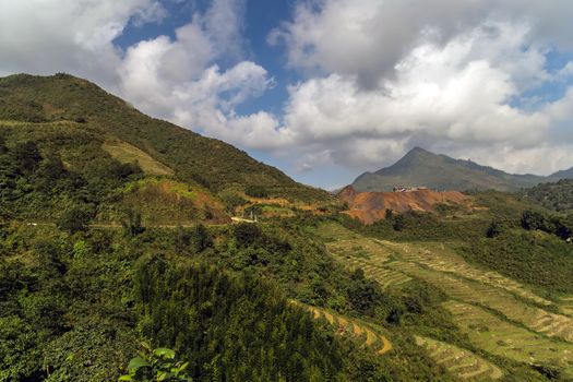 Mountains of Vietnam. Natural landscape mountain pass terraced rice field near Sapa, north Vietnam.