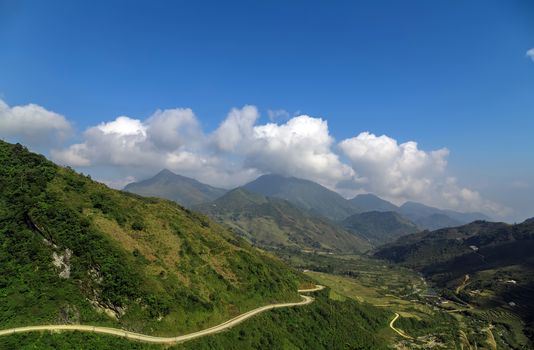 Mountain hill road blue sky panorama in North of Vietnam.