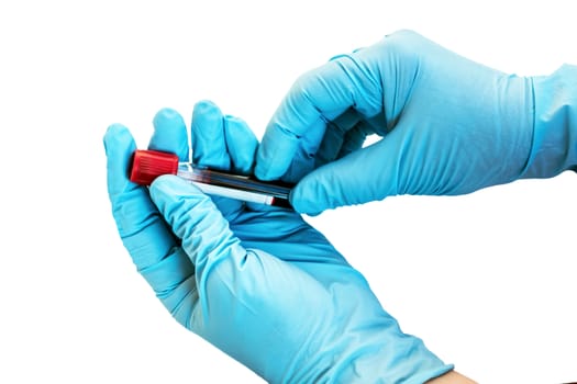 Test Vacuum blood tube red cap clot activator checkup samples. Copy space test result label design. Doctor Hand with blue glove isolated on white background.