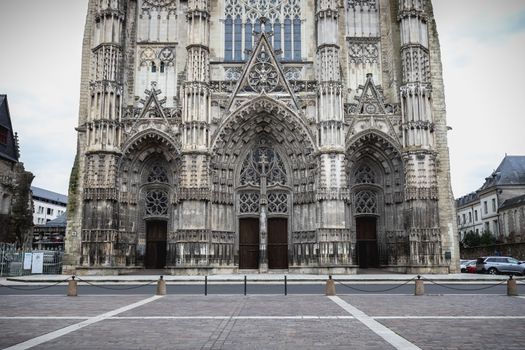 Tours, France - February 8, 2020: architectural detail of the Roman Catholic cathedral Saint Gatien in the historic city center on a winter day