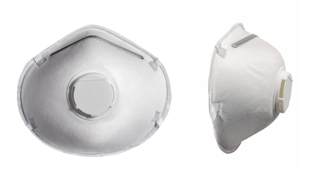 Mask Particulate Respirator top view COVID-19 SARS Coronavirus pandemic medical health risk concept isolated on a white background
