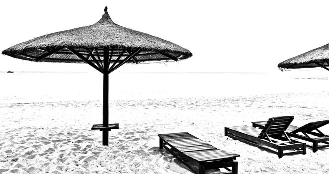 Caribbean Traditional Deck Chair and sun Umbrella with Beach shadow white black background