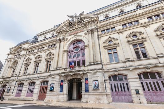 Tours, France - February 8, 2020: architectural detail of the Grand Theater - Opera De Tours in the historic city center on a winter day. The inauguration takes place on August 8, 1872