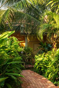 Beautiful garden patio, concrete paving slabs in house courtyard driveway patio.