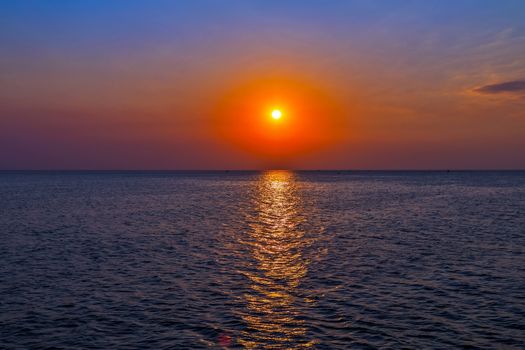 Sea Sunset Beach, paradise evening Caribbean island. Beauty Scene or sun over colorful sky with clouds Seascape. Tourism travel, vacation concept tropical nature background