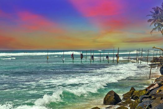 Local traditional stilt Indian Ocean Fishermen fishing rod in sunset near Galle in Sri Lanka.