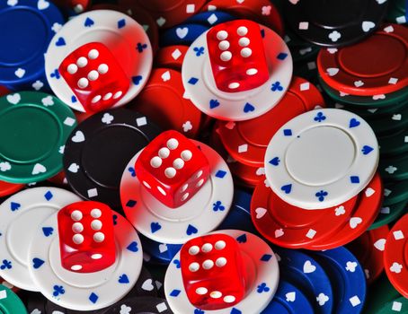 Casino dices Close up on gambling chips background