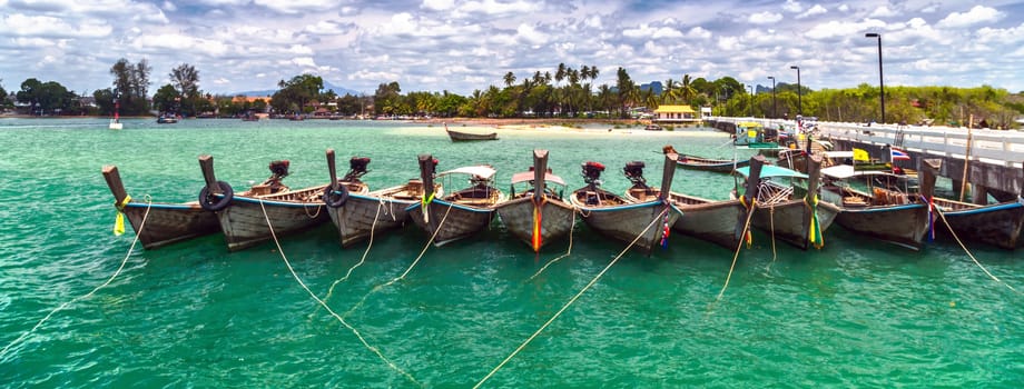 Long Tail passenger old Boat Seascape Beautiful Asian Beach Seaside, Thailand