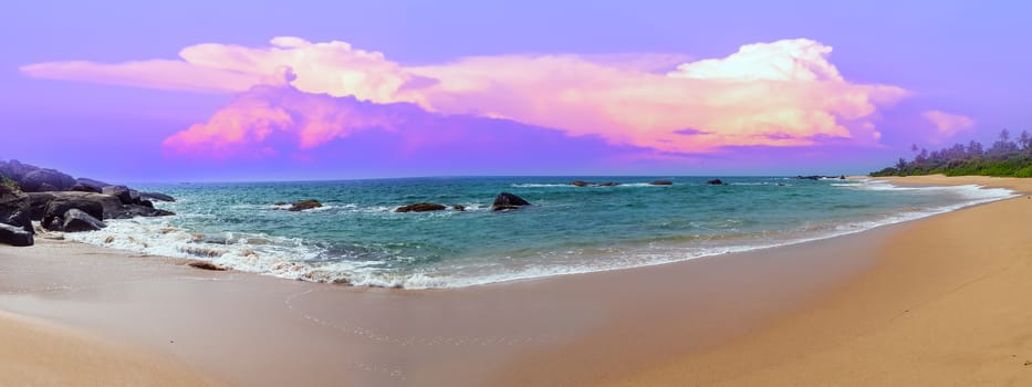 Panorama sunset tropical island with palm tree in Indian Ocean