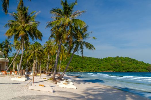 Beach Chaise-longue with sun umbrella on Bai Sao Beach Coconut palms and white sandy, Phu Quoc island, Vietnam.