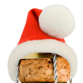 Santa Claus red hat in Champagne cork in Bottle isolated, Merry Christmas decoration