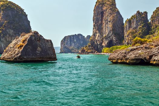Landscape of paradise tropical island, limestone rocks. Andaman sea Krabi, South of Thailand.