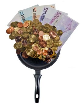 Banknote and Euro coins collection europe set on top Frying pan isolated on white backgound
