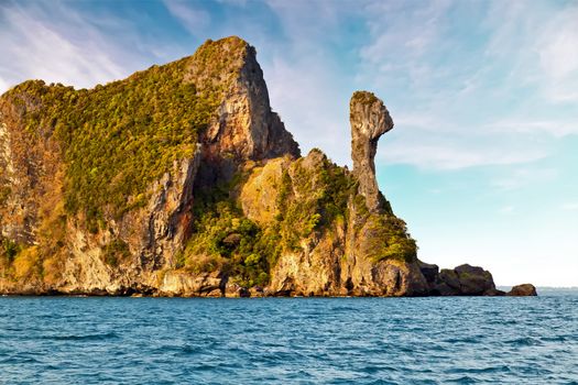 seascape of paradise tropical Chicken Head Island, limestone rocks. Phi Phi Leh Krabi in Thailand