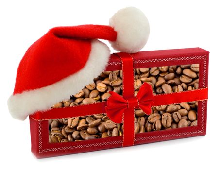 Roasted brown coffee beans in christmas gift box in santa hat
