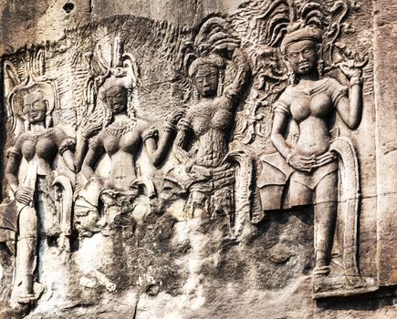Dancing Apsara Decoration Stone Carving on the wall of Angkor wat, Seam Reap, Cambodia