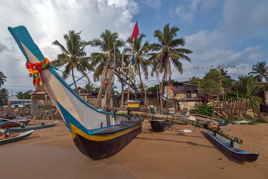 Sri Lankan traditional fishing catamarans, Colorful fishing boats on a long sandy beach on the ocean coast of Sri Lanka. Popular landmark fishing Ceylon village.