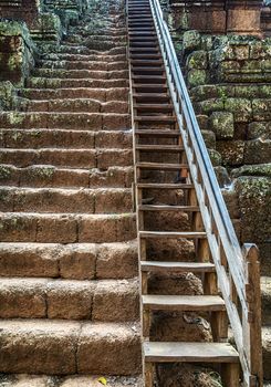 old stairway stairs wooden handrails
