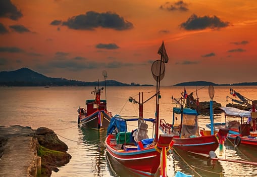 Fishing boats sunrise or sunset background abstract blur