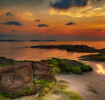 Morning rock Beach seascape sunrise background abstract blur