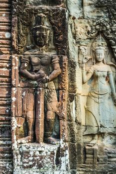 Dancing Apsara Decoration Stone Carving on the wall of Angkor wat, Seam Reap, Cambodia