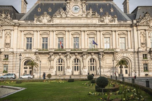 Tours, France - February 8, 2020: architectural detail and street atmosphere in front of the town hall in the historic city center on a winter day