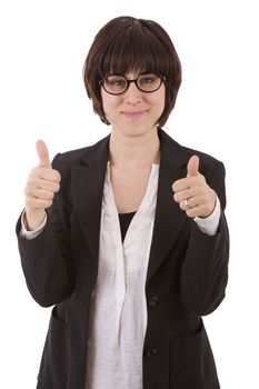 happy business woman going thumb up, isolated on white background