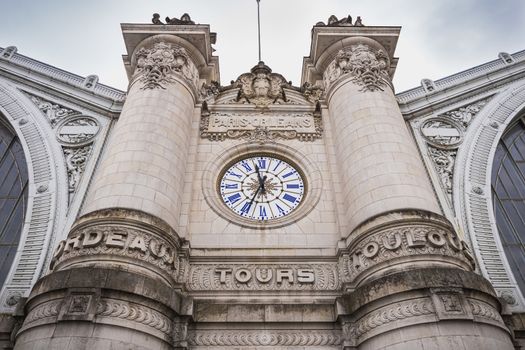 Tours, France - February 8, 2020: architectural detail of the Tours train station in the city center on a winter day