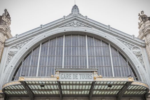 Tours, France - February 8, 2020: architectural detail of the Tours train station in the city center on a winter day