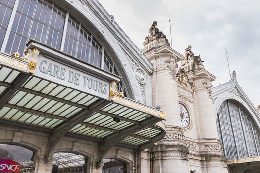 Tours, France - February 8, 2020: architectural detail of the Tours train station in the city center on a winter day