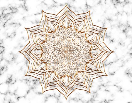 Gold mandala on white marble background. Luxury elegant illustration.