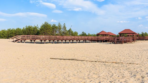 Panoramic view of wooden structure called "wind rose"on the edge od Bledow Desert, Poland