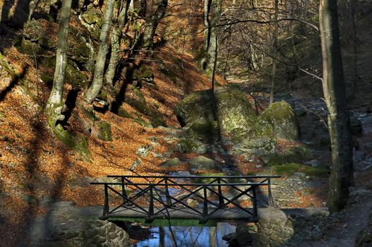 Autumn walk through the labyrinth of the Teteven Balkan with high peaks, river and bridge, Stara Planina, Bulgaria