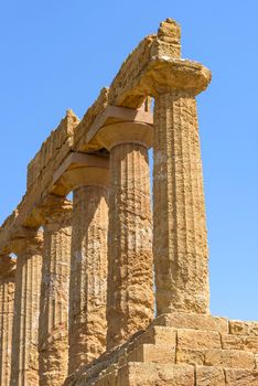 Closeup of ruins of the Temple of Juno in the Valley of the Temples in Agrigento, Sicily, Italy