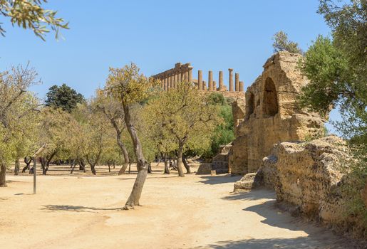 Remains of the ancient greek city of Akragas in the Valley of the Temples in Agrigento, Sicily, Italy