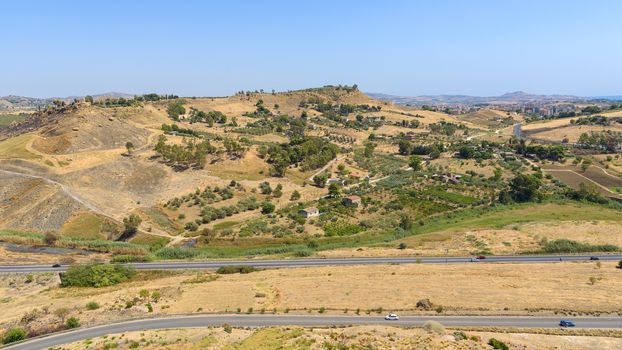 Panoramic view of rural landscape of Sicily in Agrigento area, Italy