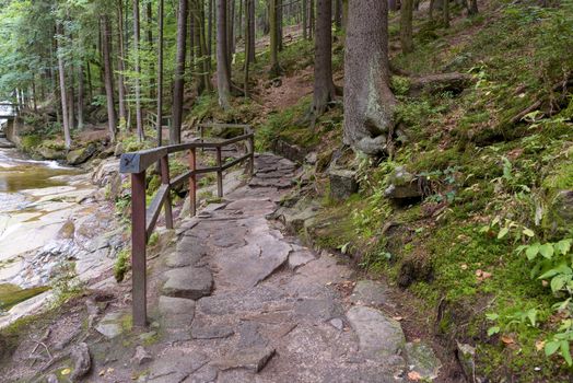 Forest path to Mumlava Waterfalls near Harrachov in Giant Mountains in Czech Republic