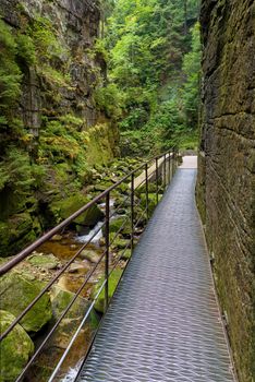 Metal footbridge in the gorge of Kamienczyk river in polish Giant Mountains