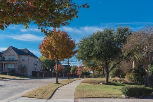 New development neighborhood with row of two story houses clean concrete sidewalk with colorful fall foliage outside Dallas, Texas, America