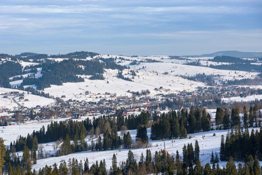 Aerial view of Bialka Tatrzanska village, famous ski resort in polish Tatra Mountains